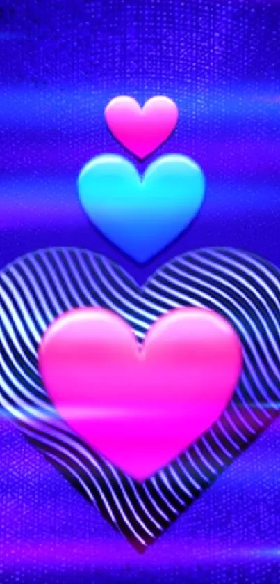 Vibrant hearts in blue and pink gradient on a mobile wallpaper.