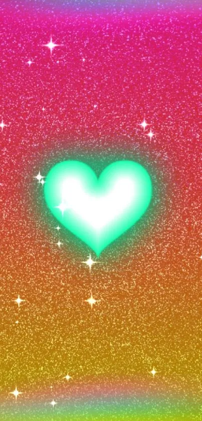 Vibrant neon heart on colorful glitter background wallpaper.