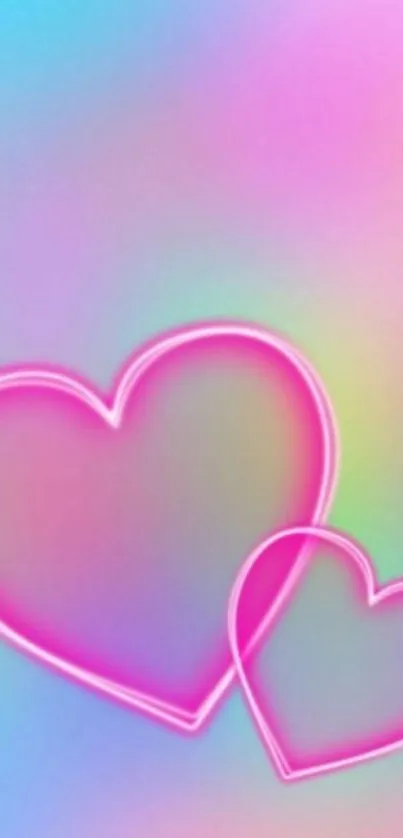 Neon pink hearts on a vibrant pastel gradient background.