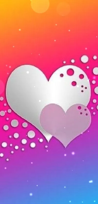 Vibrant gradient wallpaper with abstract hearts and dots.