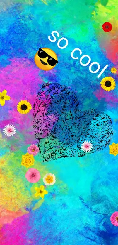 Colorful heart graffiti wallpaper with floral patterns on a vibrant backdrop.