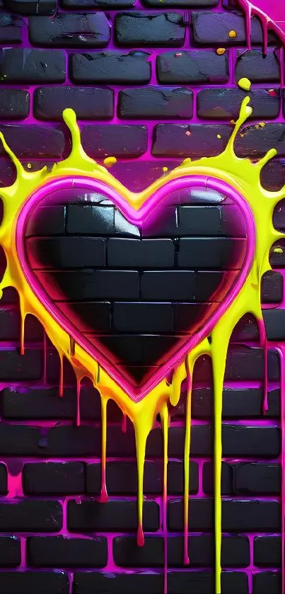 Black heart with neon splash on brick wall.