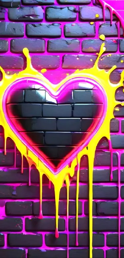 Vibrant heart graffiti on a pink brick wall with yellow paint splash accents.