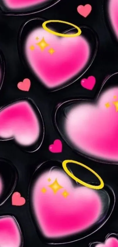 Vibrant pink hearts with yellow halos on dark background.