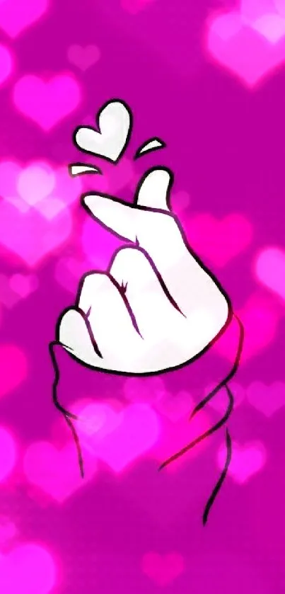 Purple wallpaper with a cute hand making a heart gesture on a vibrant background.