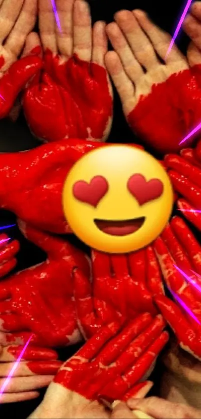 Vibrant wallpaper of red heart-painted hands with love emoji.