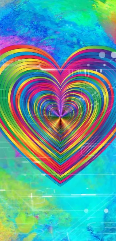 Colorful heart illusion with vibrant rainbow hues on a digital abstract wallpaper.