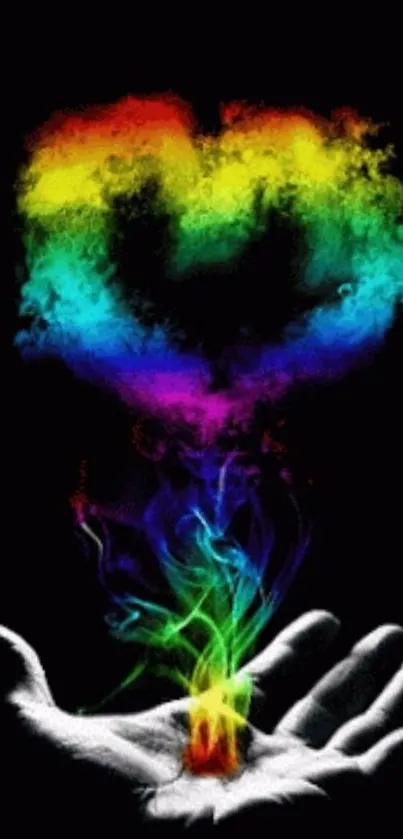 Rainbow heart emerging from artist's hand.