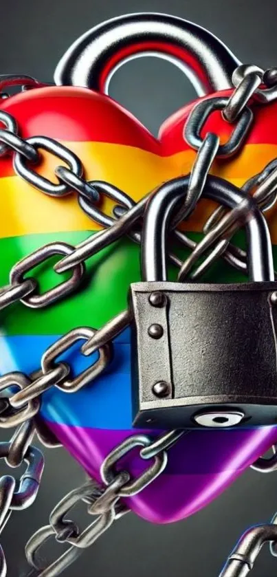 Rainbow heart secured with chains and lock.