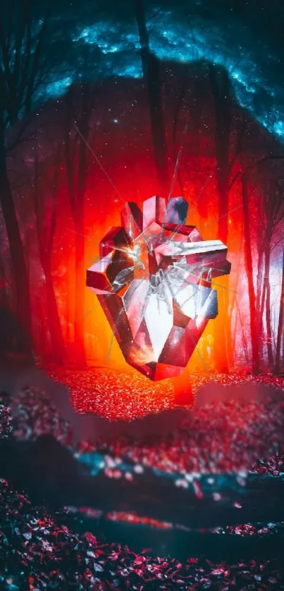 Crystal-like heart glowing in mystical forest wallpaper.