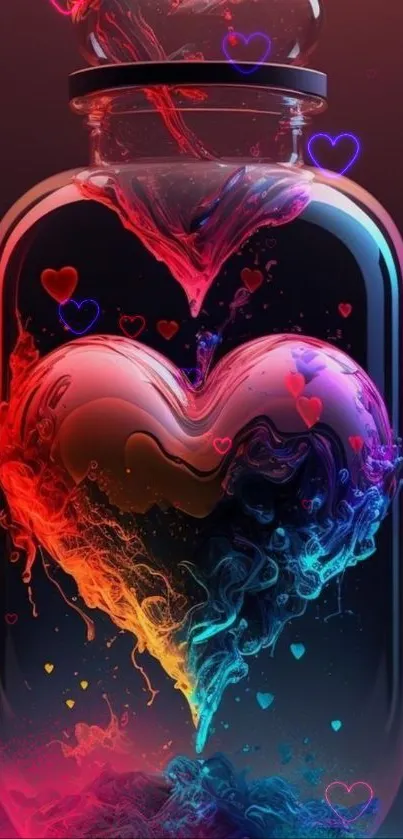 Vibrant heart in a jar with neon colors, perfect for mobile wallpaper.