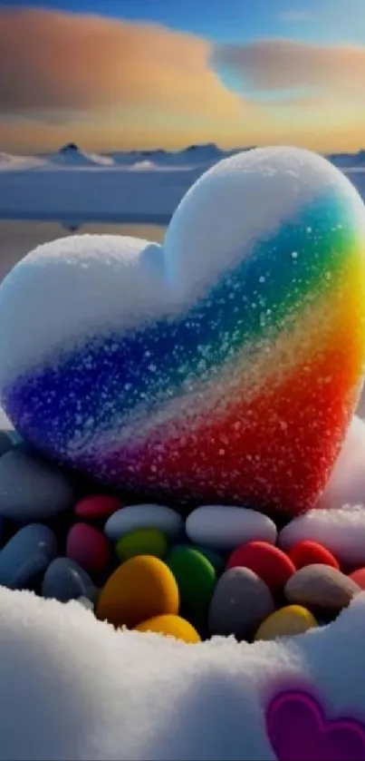 Vibrant rainbow heart nestled in snowy pebbles under a blue sky.