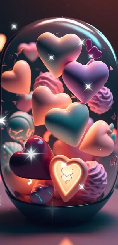 Vibrant mobile wallpaper featuring a jar of glowing hearts with a neon aesthetic.