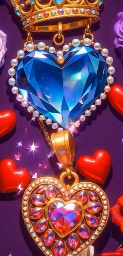 Vibrant heart jewel mobile wallpaper with purple background.