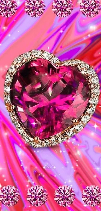 Vibrant pink heart-shaped jewel on colorful background.