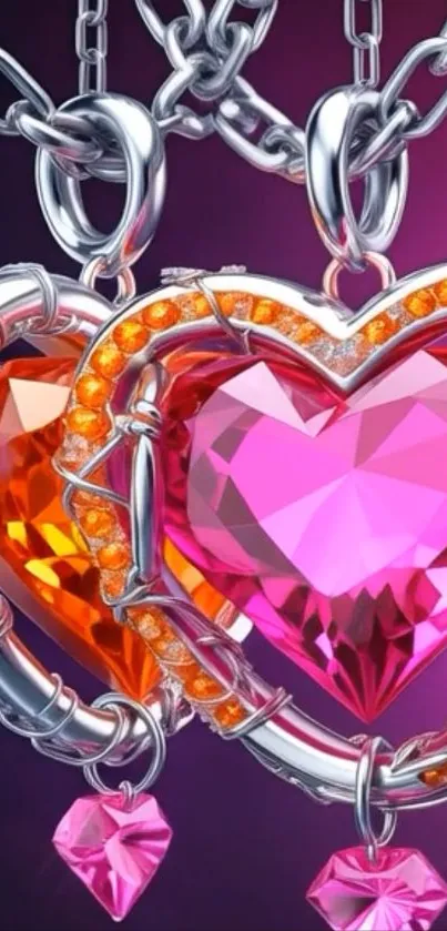 Vibrant heart jewel wallpaper with chains.