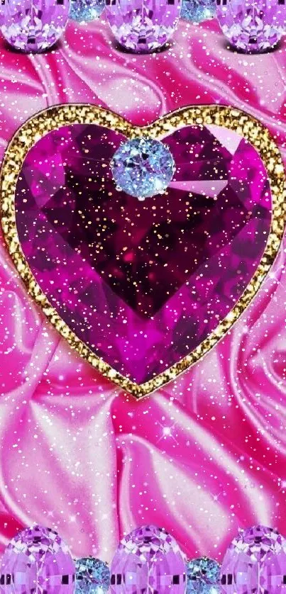 Vibrant pink heart gemstone on satin background.