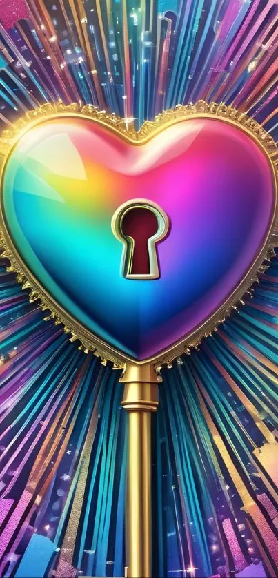 Rainbow heart-shaped key with vibrant rays.