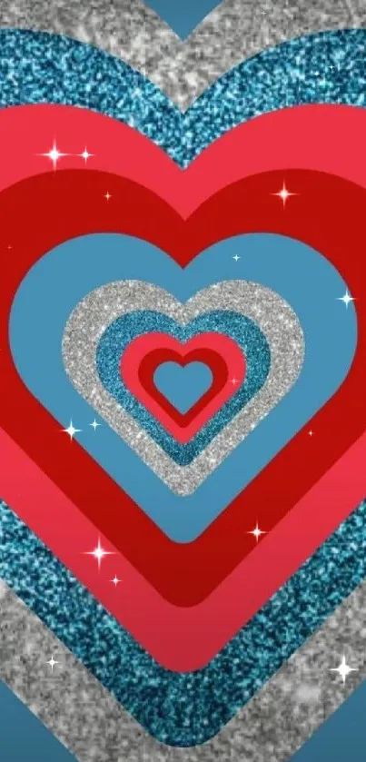 Colorful heart layers with blue glittery design.