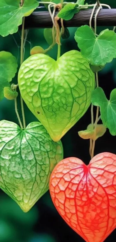 Heart-shaped leaves in vibrant green and red hang beautifully.