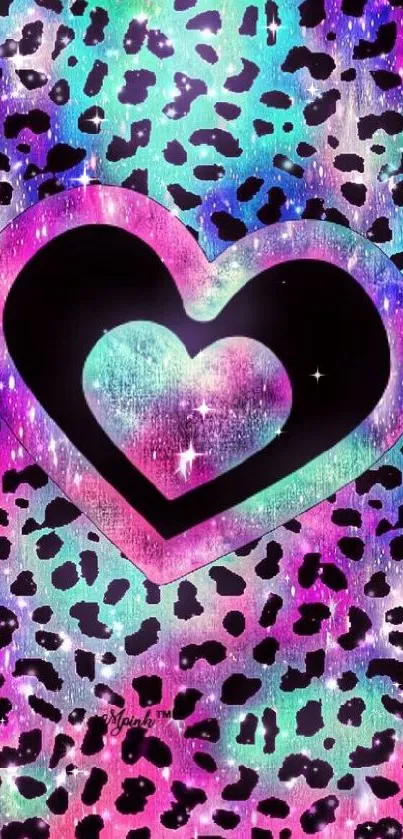 Colorful leopard print wallpaper with heart design.