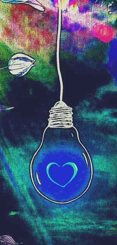 Artistic wallpaper featuring a glowing heart within a blue bulb against an abstract background.