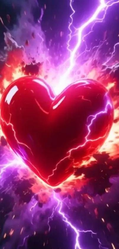 A vibrant red heart surrounded by purple and orange lightning on a mobile wallpaper.
