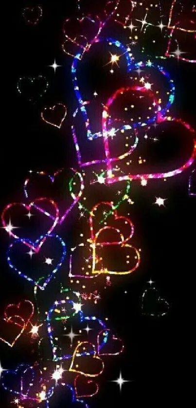 Colorful hearts and lights on black mobile wallpaper.