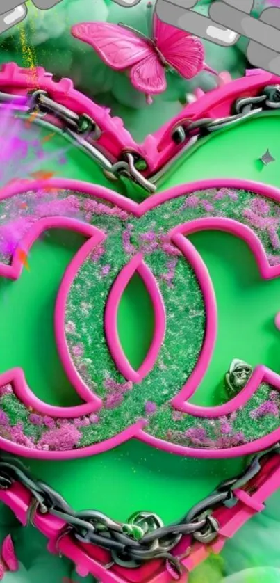 Colorful heart logo with butterflies and chains on a green background.