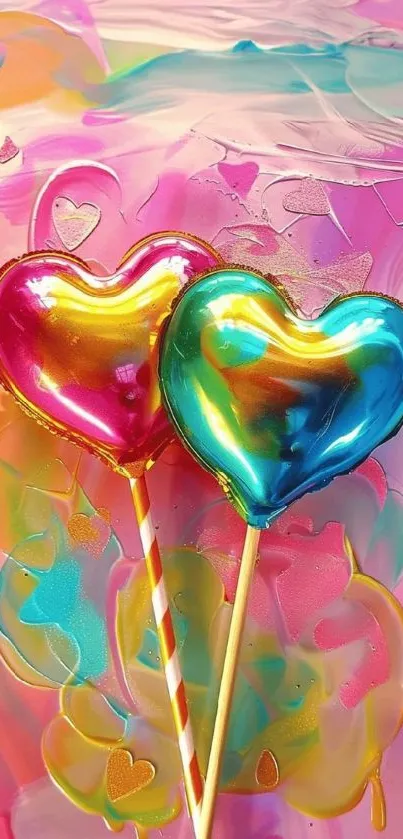 Vibrant heart-shaped lollipops on a colorful background.