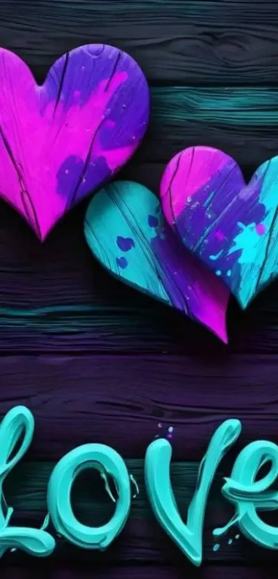 Vibrant love-themed wallpaper with painted wooden hearts.