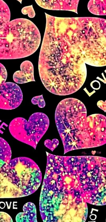 Vibrant colorful hearts with love text on black background.