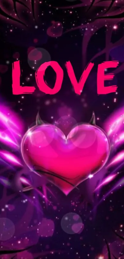 Vibrant neon pink heart wallpaper with wings on a dark background