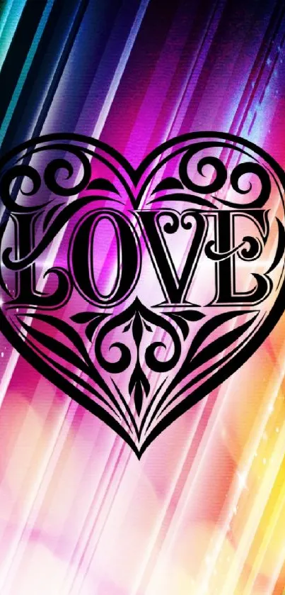 Love heart design with rainbow stripes and vibrant colors on a mobile wallpaper.