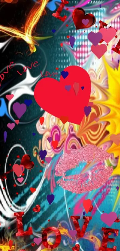 Colorful hearts with a psychedelic background design for mobile wallpaper.