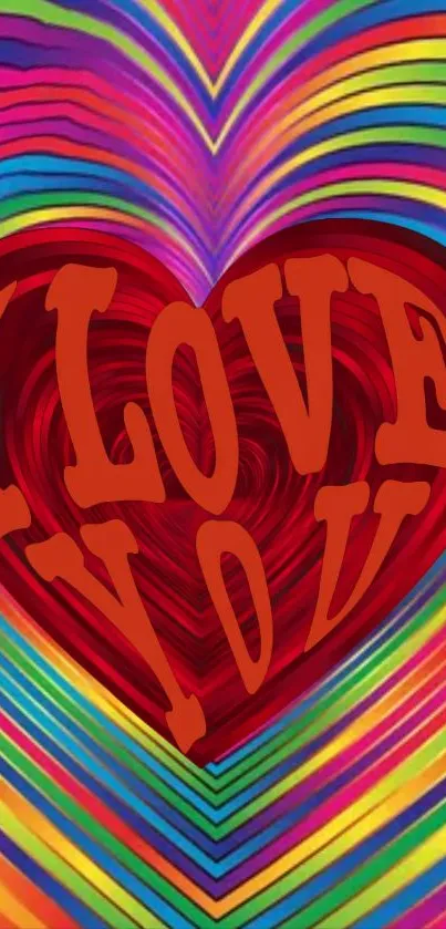 Colorful heart-shaped 'I Love You' wallpaper with a vibrant design.