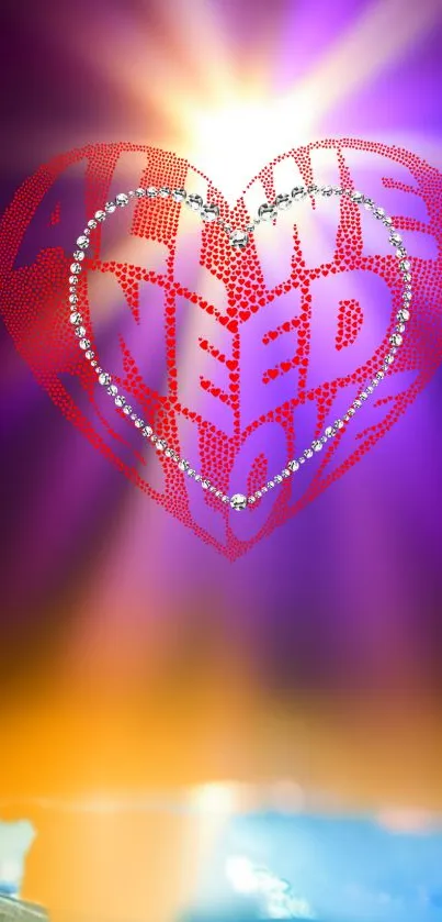 Heart-shaped love design with vibrant purple background.