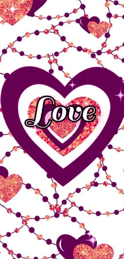 Purple and pink heart design mobile wallpaper with love text at center.