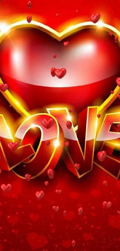 Red and golden heart love wallpaper with glowing effects.