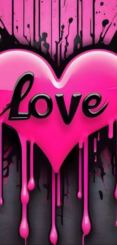 Vibrant pink heart with dripping paint and the word 'Love'.