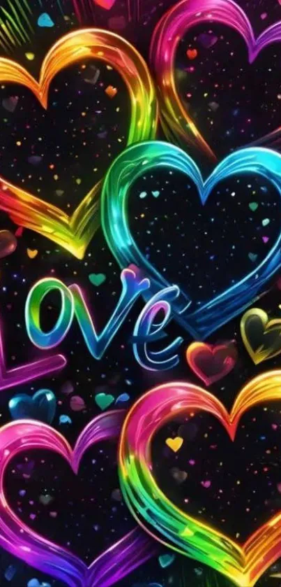 Colorful neon hearts with 'Love' text on black background.