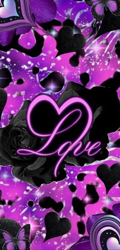 Purple and black heart love wallpaper with text and butterflies.