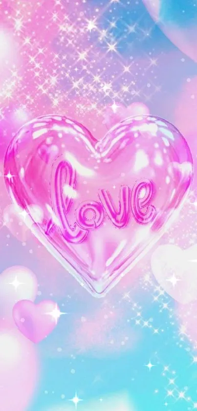 Vibrant pink heart wallpaper with sparkles and love theme.