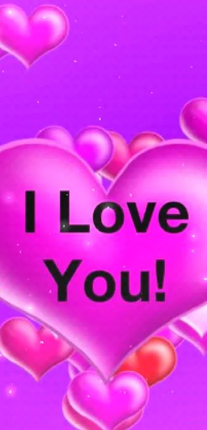 Vibrant purple wallpaper with pink hearts and 'I Love You' message.