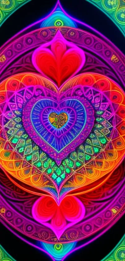Vibrant psychedelic heart mandala wallpaper with intricate patterns.