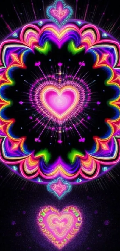 Neon heart mandala vibrant mobile wallpaper.