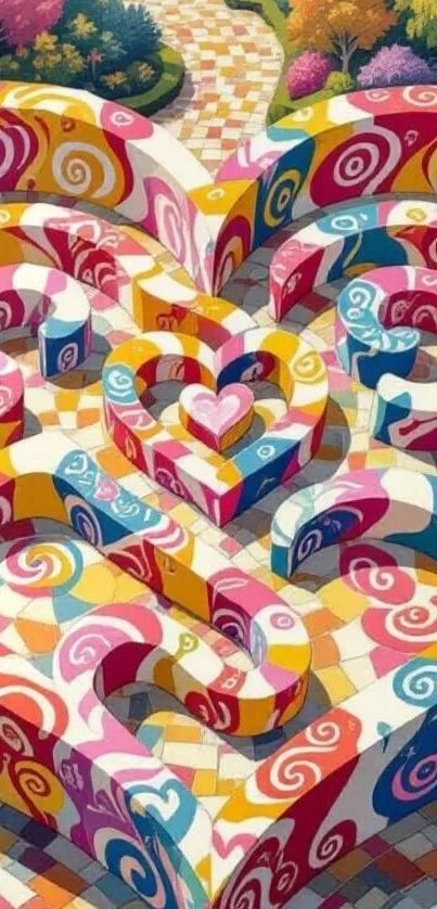 Whimsical heart-shaped maze with vibrant colors and swirls.