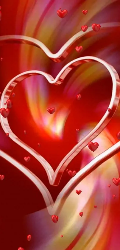 Vibrant red heart-themed mobile wallpaper with floating hearts.