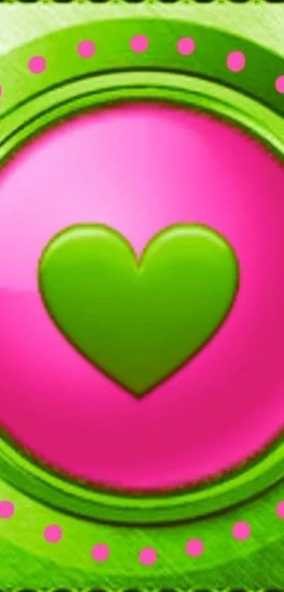 A vibrant mobile wallpaper with a green heart on a pink background.