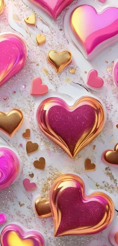 3D pink and gold hearts mobile wallpaper.